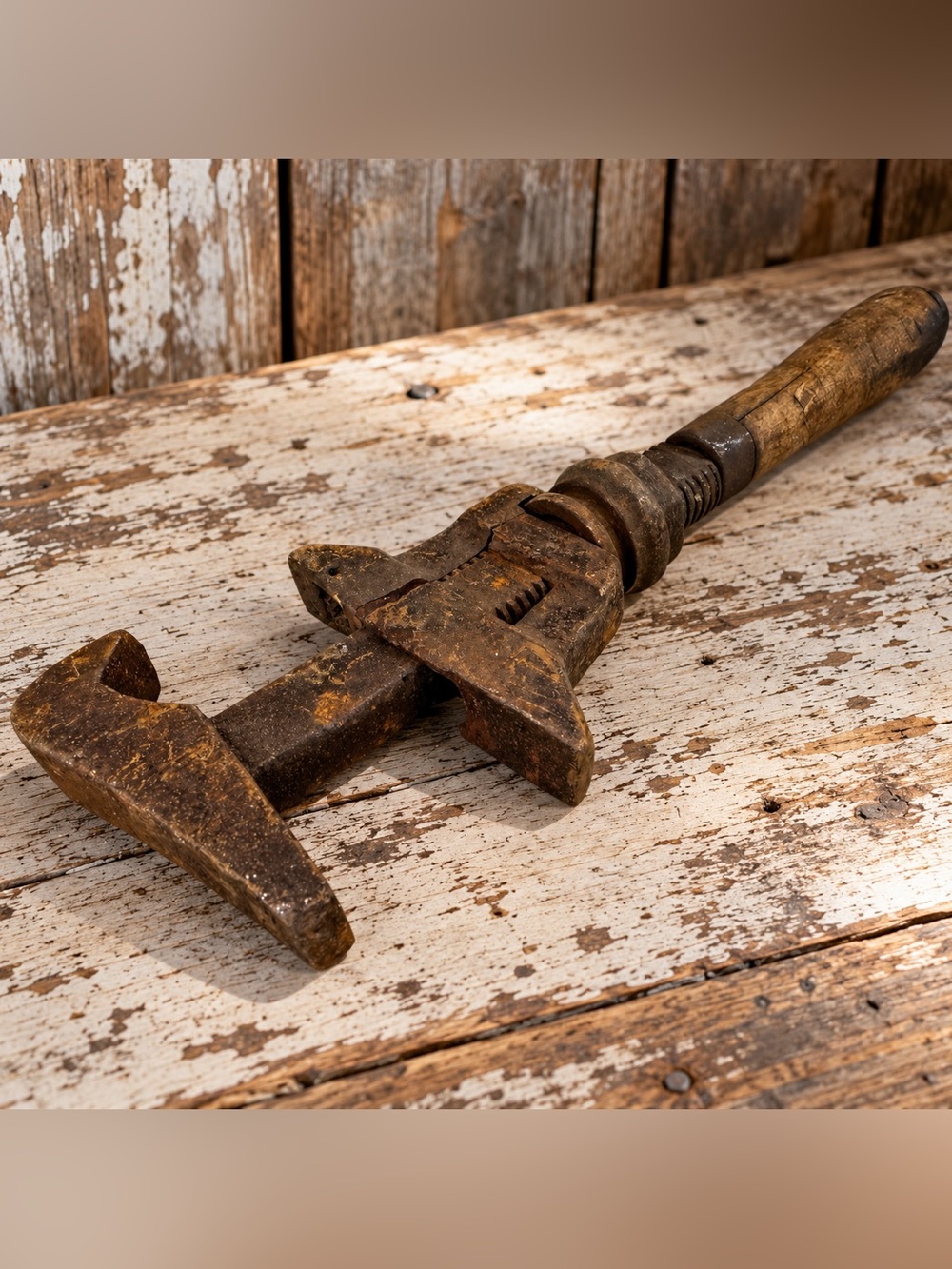 Antique 12” Double Sided Coach Buggy Wrench Wood Handle Primitive Tool